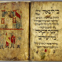 Birds Head Haggadah, last cup of wine and messianic Temple, fols. 46v-47r